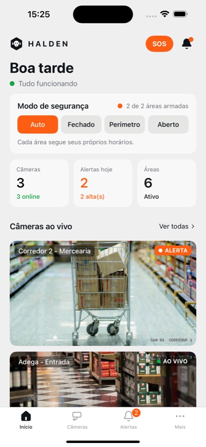 Tela inicial do Halden com o modo de segurança e as câmeras ao vivo