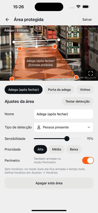 Desenhando uma área protegida sobre a imagem da câmera